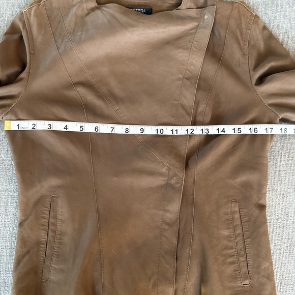 Etcetera Women Brown Genuine Leather Asymmetrical Snap Jacket Size 4 Taupe Moto - Picture 9 of 15